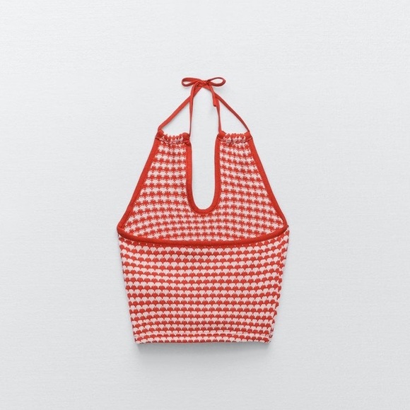 Zara Crochet Knit Red & White Cut Out Halter Keyhole Crop Top NWOT - Picture 6 of 9